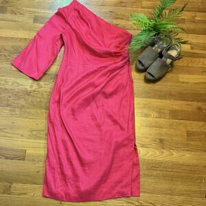Veronica Beard Patsy One Shoulder Womens 16 Plus Pink Draped Linen Midi Dress